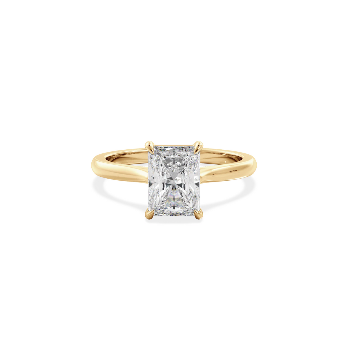 Radiant solitaire with elevated shoulders gold